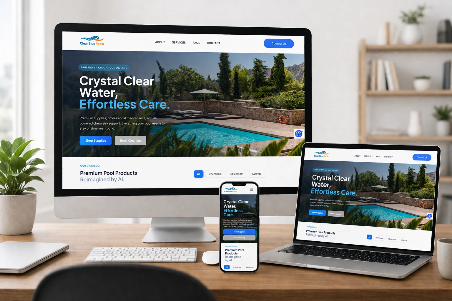 Clear Blue Pools website displayed across desktop, laptop and mobile devices