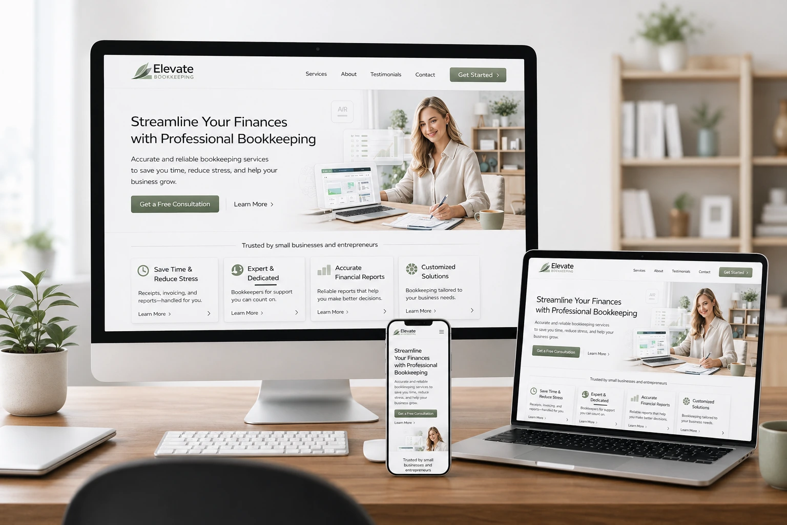 Elevate Bookkeeping website displayed across desktop, laptop and mobile devices