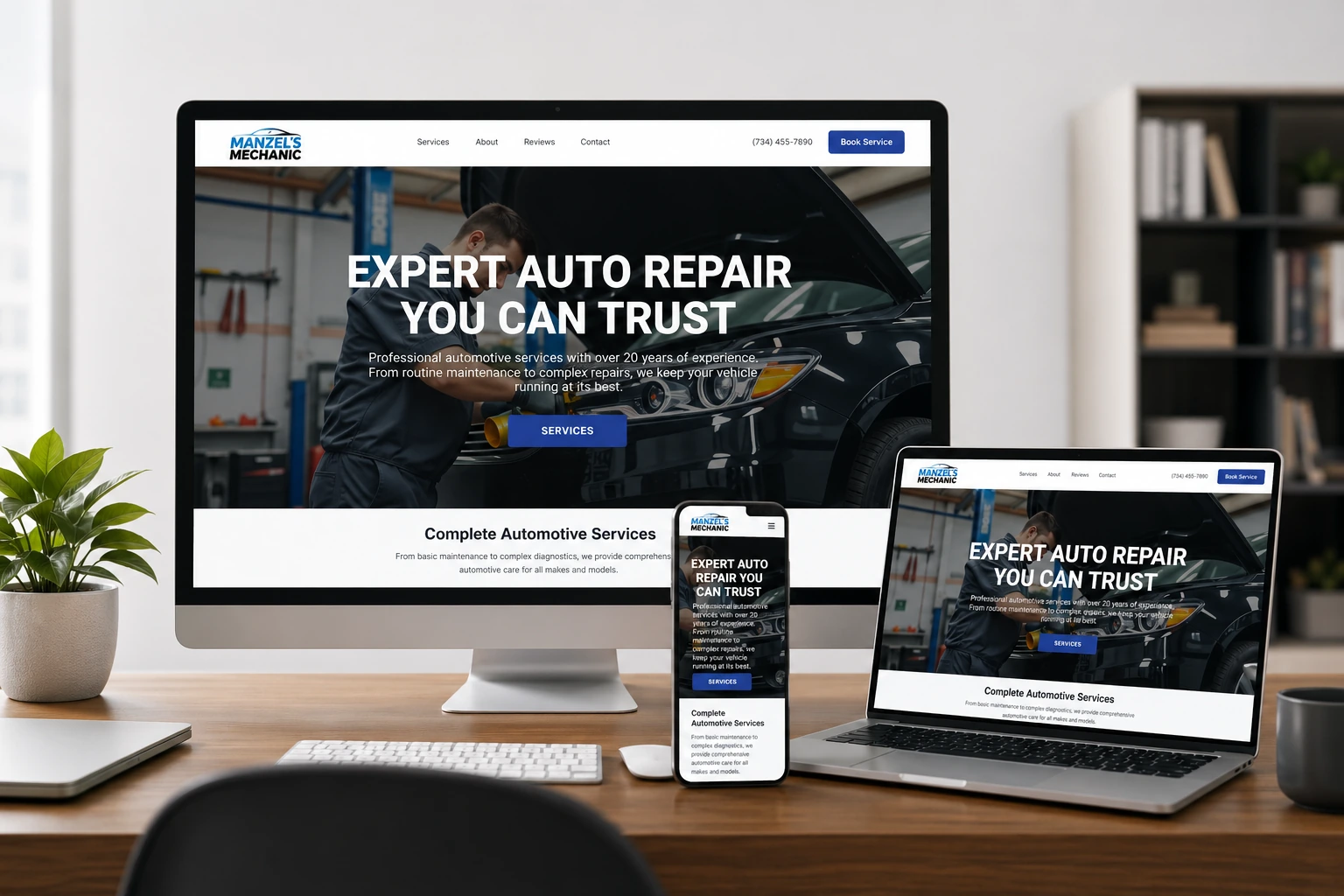 Menzel's Mechanic website displayed across desktop, laptop and mobile devices