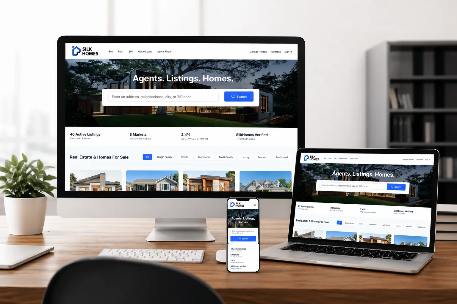 Silk Homes website displayed across desktop, laptop and mobile devices